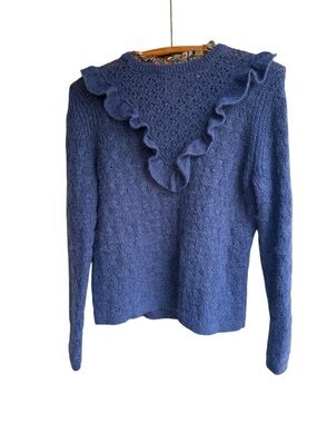SEZANE x Manoush Wool Mohair Knit Sweater with ruffles Size M Blue Parisianstyle